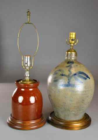 Appraisal: AMERICAN STONEWARE POTTERY LAMPSOne redware jar made into a one-socket