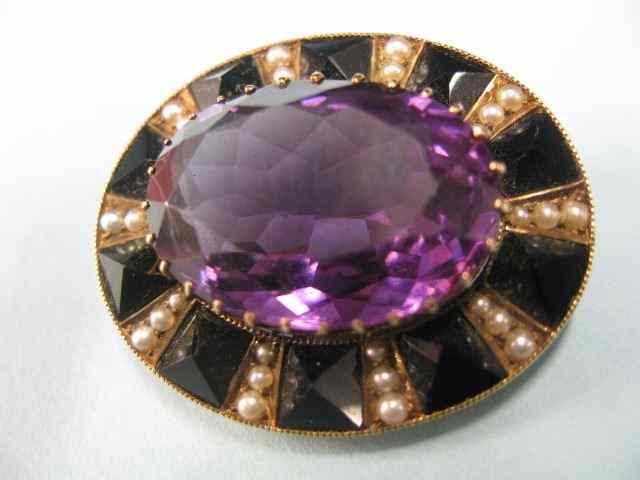 Appraisal: Amethyst Seed Pearl Black Onyx Brooch oval carat gem in