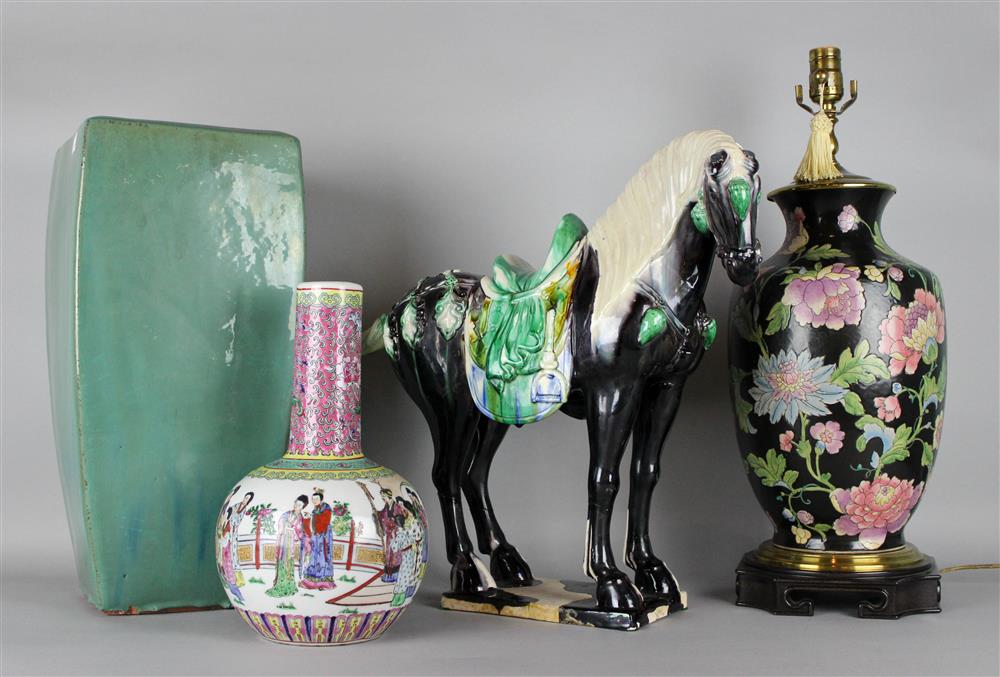 Appraisal: THREE CHINESE PIECES including a Tang style three color-glazed model