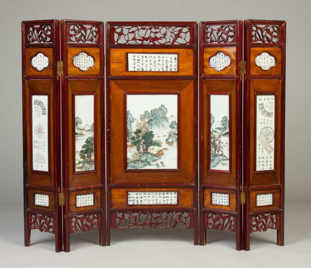 Appraisal: Chinese Screen with Hand Painted Porcelain Plaques Late th early