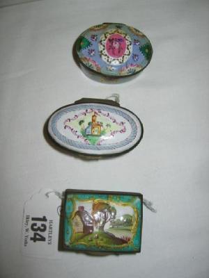 Appraisal: THREE VARIOUS ENAMEL ON COPPER BOXES one painted with a