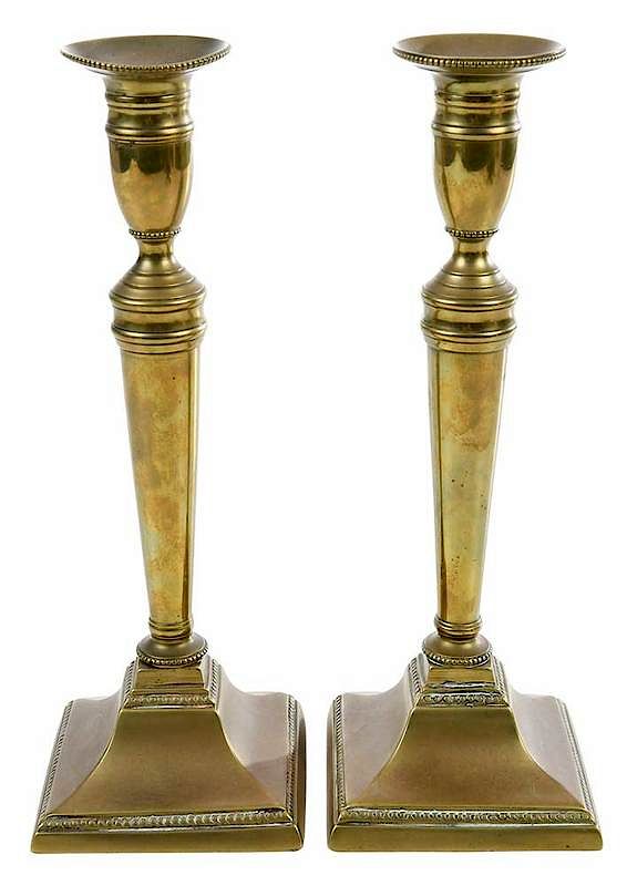 Appraisal: Pair Tall George III Beaded Brass Candlesticks th century fluted