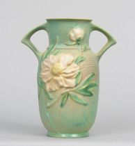 Appraisal: Roseville Peony Vase circa A lovely double-handled green light pink