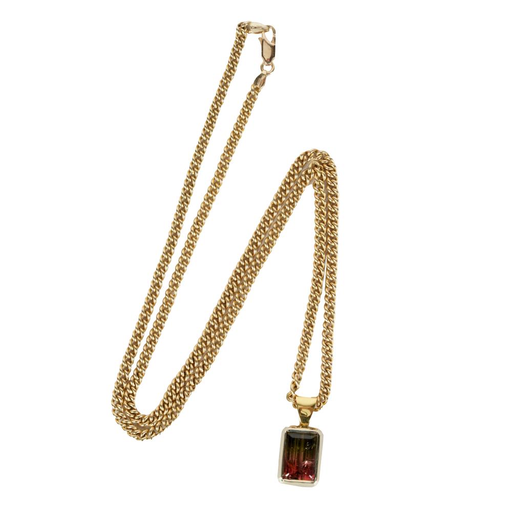 Appraisal: KARAT YELLOW GOLD WATERMELON TOURMALINE NECKLACEthe pendant containing one cut-corner