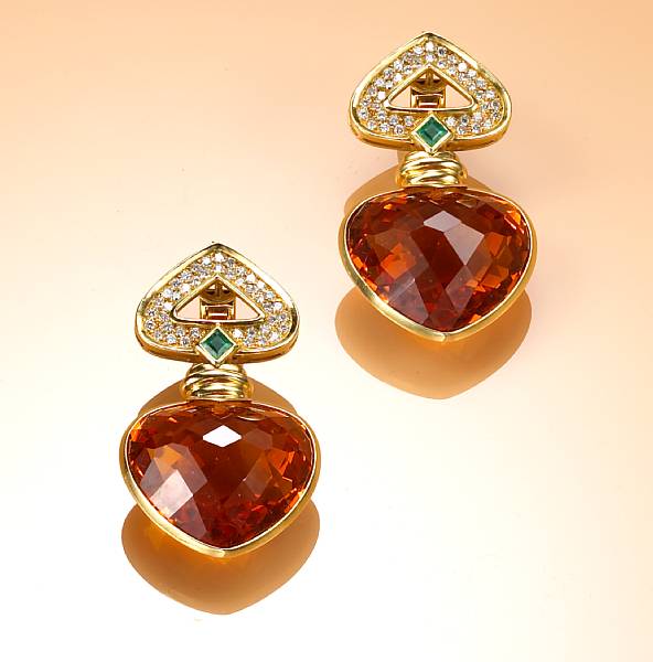 Appraisal: A pair of citrine diamond emerald and k gold earrings