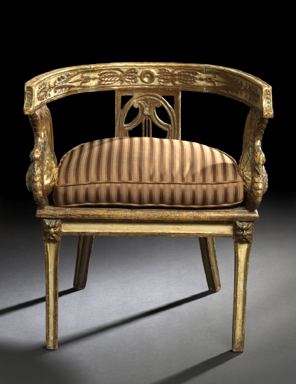 Appraisal: Northern Italian Carved White-Painted and Parcel-Gilt Wood and Cane Low-Backed