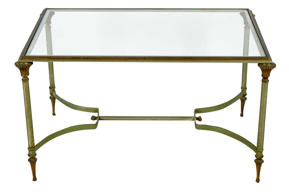 Appraisal: NEOCLASSIC STYLE PAINTED GILT METALCOFFEE TABLEwith glass-inset top Provenance The