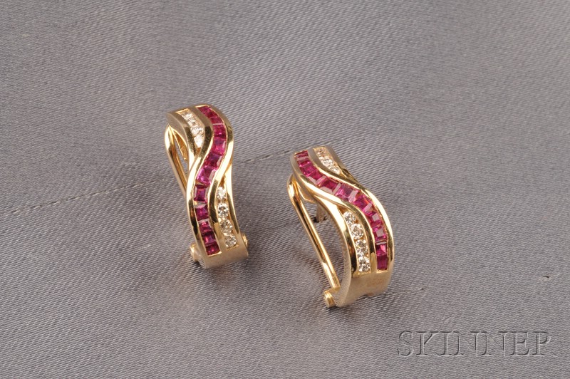 Appraisal: kt Gold Ruby and Diamond Earclips each huggie with calibre-cut