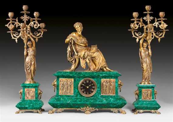 Appraisal: MALACHITE MANTEL SET Napoleon III in the style of J