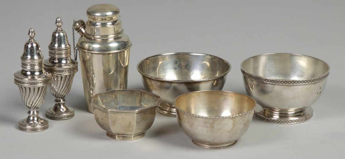 Appraisal: Sterling silver bowls cocktail shaker casters Sterling silver bowls cocktail