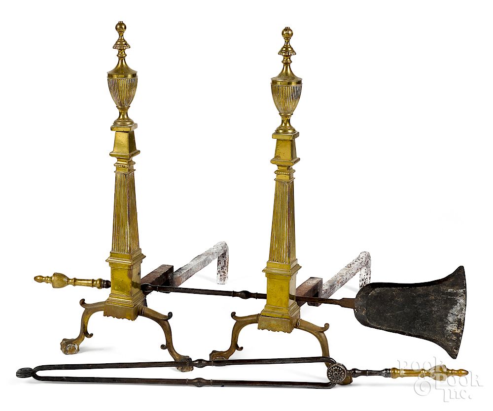 Appraisal: Large pair of Chippendale brass andirons etc Exclusive on Bidsquare