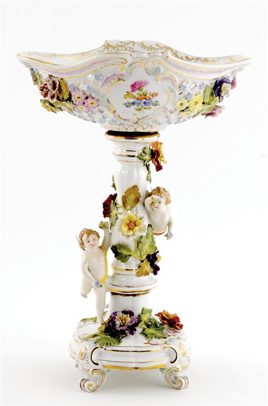 Appraisal: Dresden porcelain centerpiece early th century floral-painted and applied reticulated