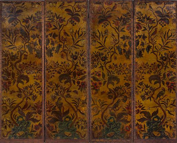 Appraisal: A Continental Baroque painted leather four panel floor screen probably