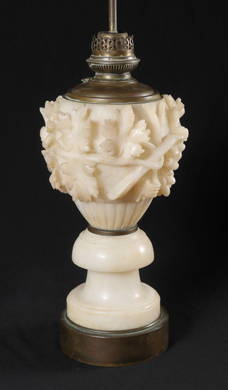 Appraisal: CARVED FOLIATE ALABASTER TABLE LAMP Deep carved relief oak leaves