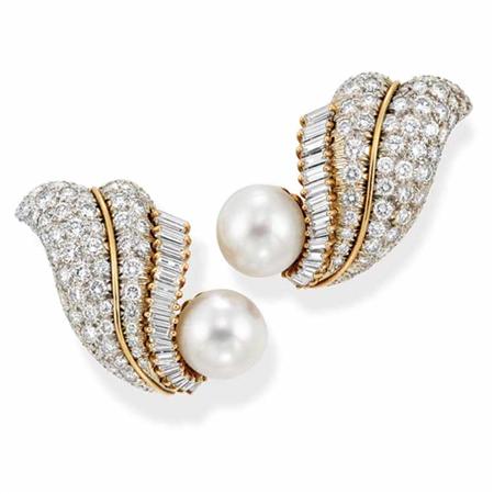 Appraisal: Pair of Gold Cultured Pearl and Diamond Earrings Estimate -