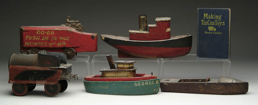 Appraisal: LOT OF WOOD AND TIN TOYS Consisting of homemade tug