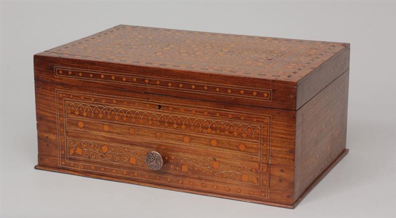 Appraisal: Indian Marquetry-Inlaid Hardwood Work Box With hinged lid and base