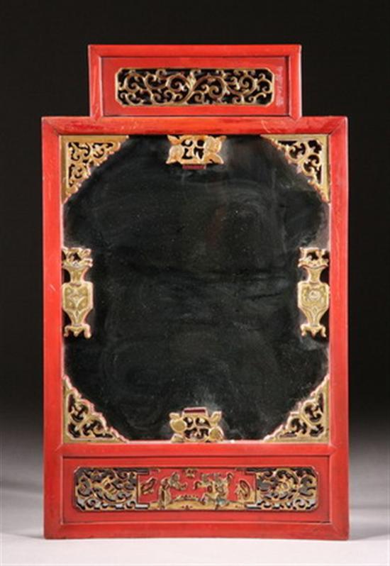 Appraisal: CHINESE RED LACQUERED WOOD MIRROR Stepped crest pierced carved gilt