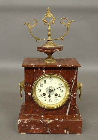 Appraisal: - French red marble mantle clock with brass mounts h