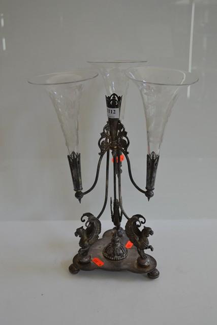 Appraisal: TH CENTURY SILVER PLATE AND ETCHED GLASS EPERGNE ONE FLUTE