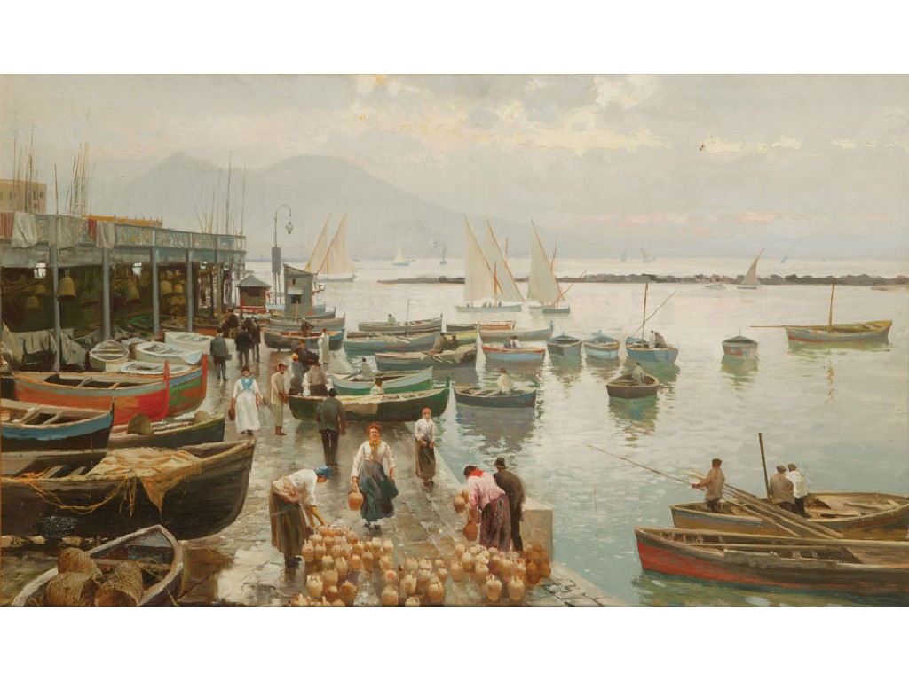 Appraisal: ATTILIO PRATELLA A busy quayside with a bay and mountains