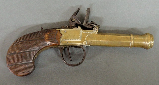 Appraisal: Belgian flintlock pistol th c with brass barrel l