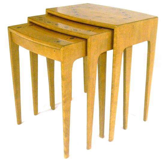 Appraisal: Three Heywood Wakefield nesting tables c blonde finish with stenciled