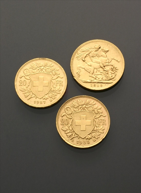 Appraisal: Two Swiss Twenty-Franc Gold Coins and One English Gold Sovereign