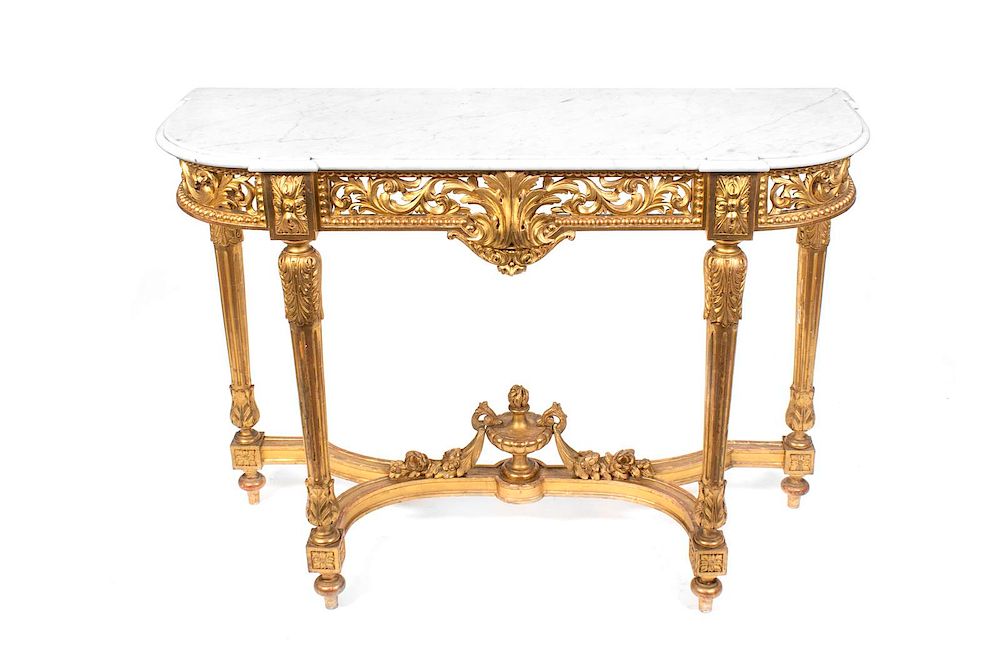 Appraisal: A Louis XVI Style Carved Giltwood Console Table Height x