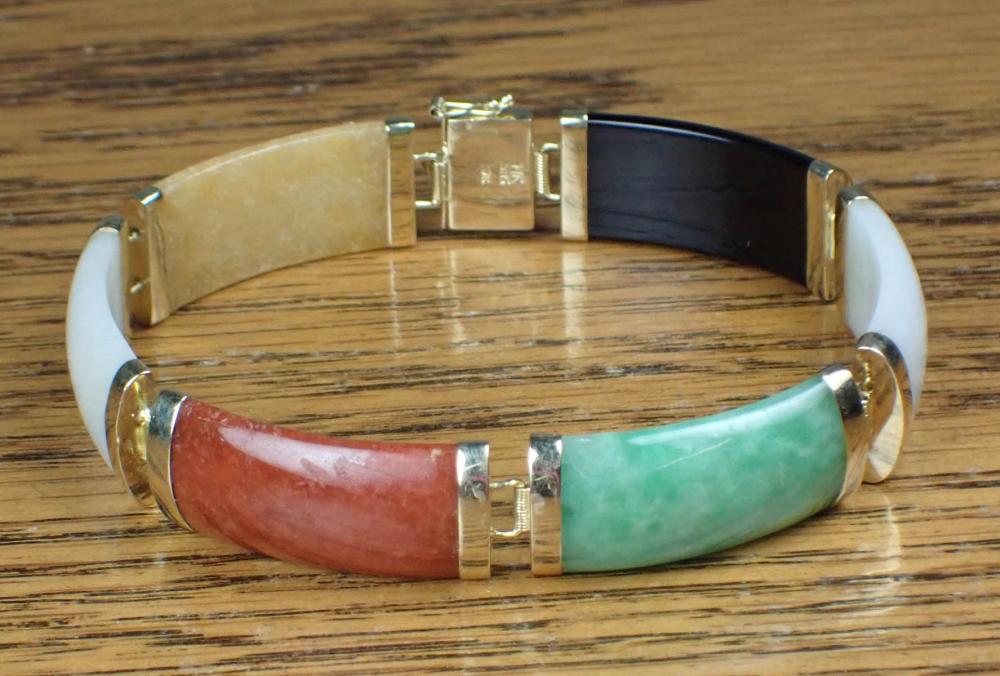 Appraisal: MULTI COLOR JADE AND FOURTEEN KARAT GOLD BRACELET in length