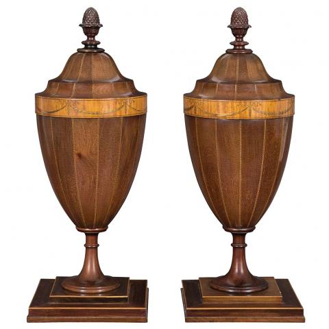 Appraisal: Pair of George III Mahogany and Marquetry Cutlery Urns Each