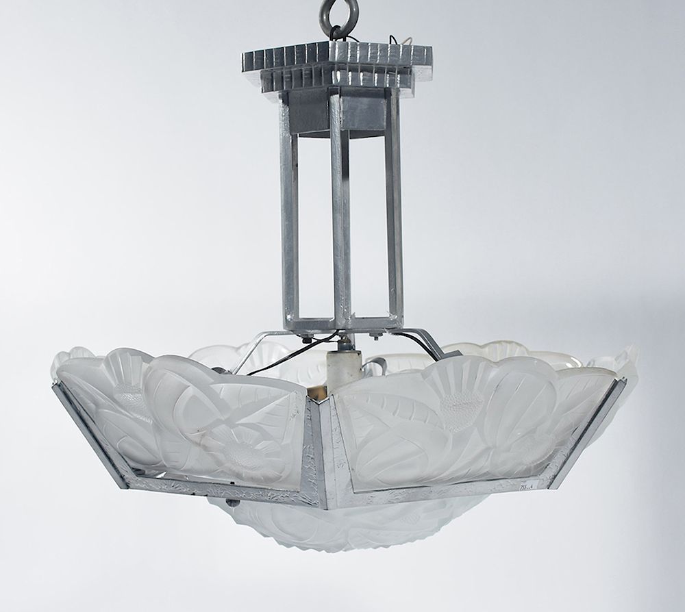 Appraisal: Degue Art Deco glass and steel hanging light fixture Degue