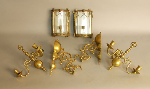 Appraisal: Pair of brass three arm chandeliers h together with a