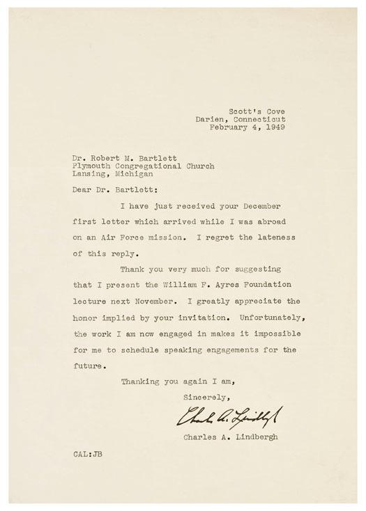 Appraisal: AVIATION -- Charles LINDBERGH - Typed letter signed declining an