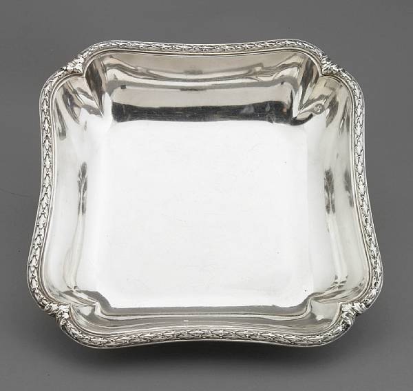 Appraisal: A French standard square bowl Applied border of laurel leaves