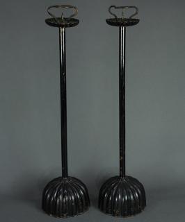 Appraisal: Japanese Pair of Bronze Copper Candle Stands Meiji Japanese pair