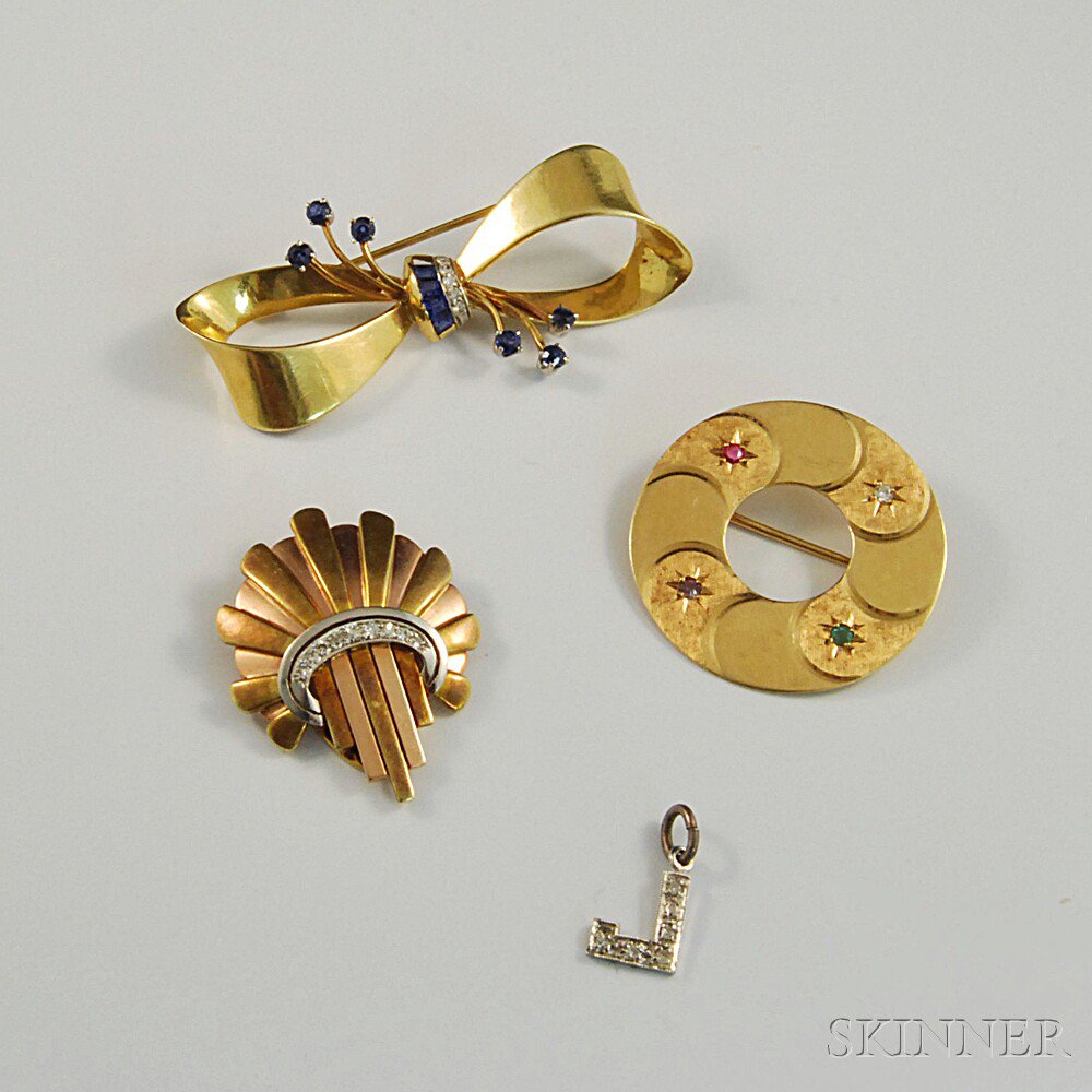 Appraisal: Three Retro Gold Gem-set Brooches a kt gold and colored