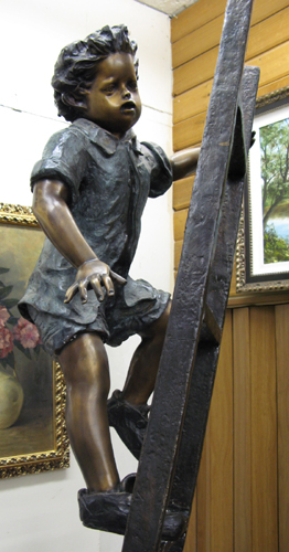 Appraisal: FIGURAL PATINATED BRONZE PARK SCULPTURE two boys climbing a ladder