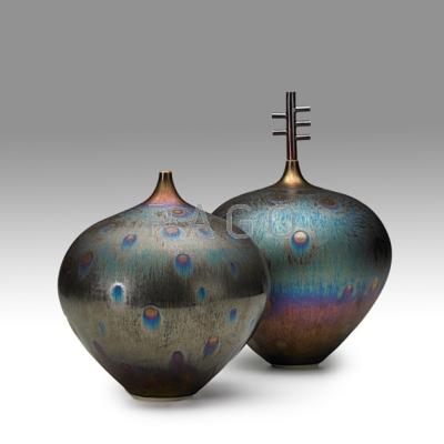 Appraisal: HIDEAKI MIYAMURA b Two porcelain vases peacock Tenmoku glaze Kensington