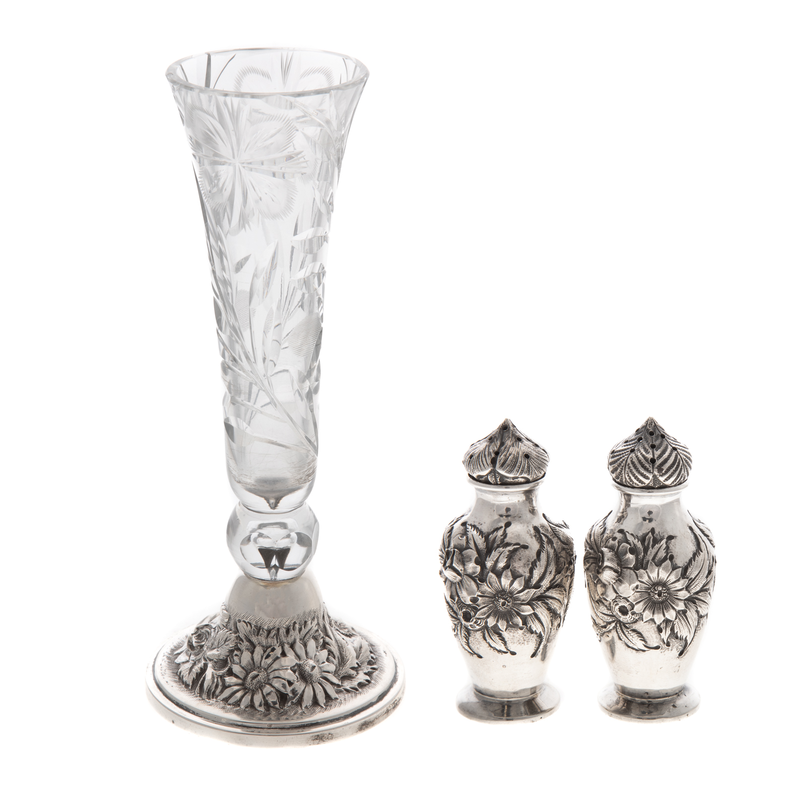 Appraisal: THREE PIECES BALTIMORE STERLING REPOUSSE HOLLOWWARE Including a Stieff floral