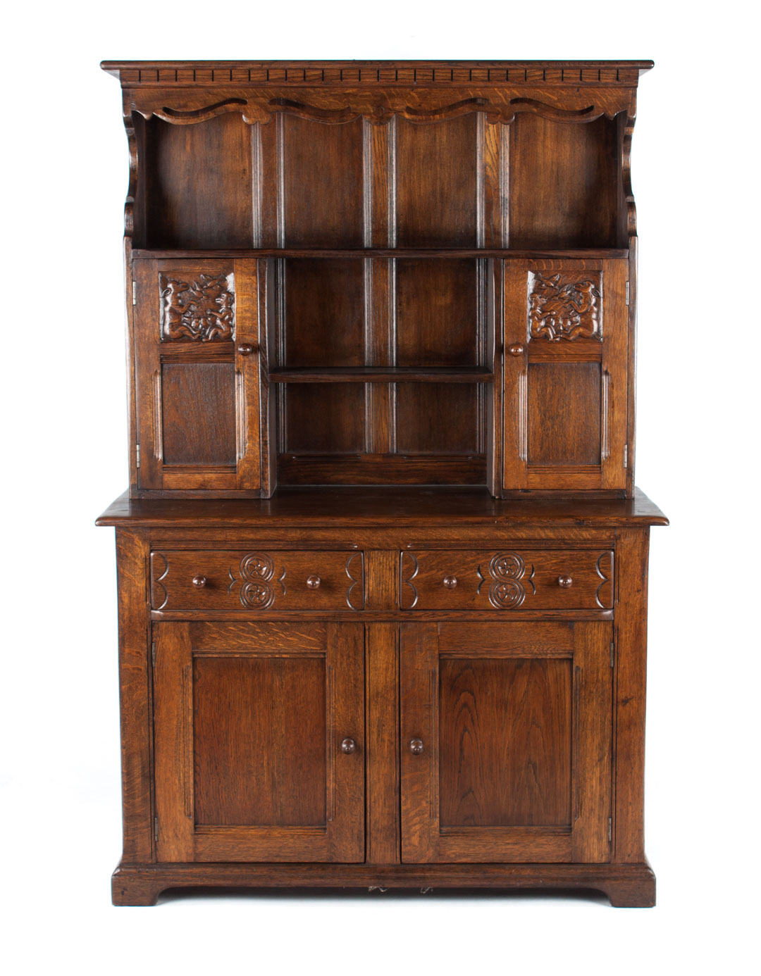 Appraisal: Tudor Revival oak Welsh cupboard flat top with shaped openworked