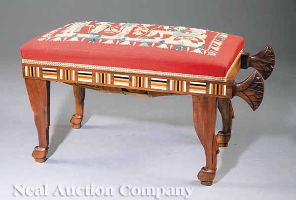 Appraisal: An Egyptian Revival Carved and Inlaid Hardwood Bench early th