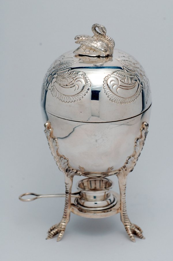 Appraisal: English Victorian silverplated egg cooker egg shaped with floral repousse