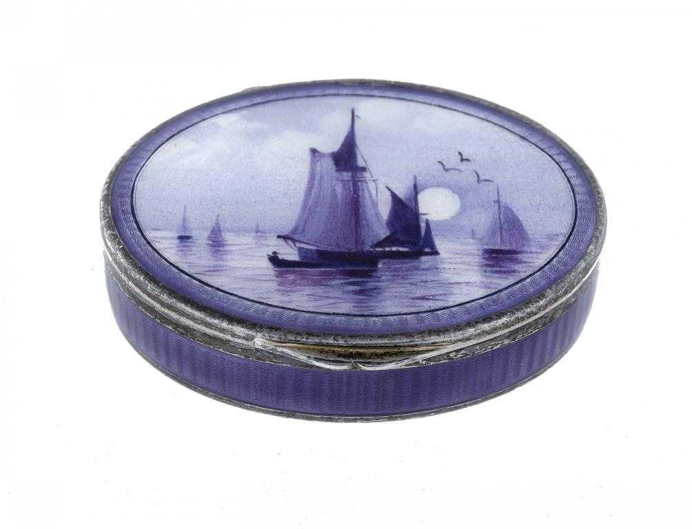 Appraisal: A CONTINENTAL SILVER AND MAUVE GUILLOCHE ENAMEL OVAL BOX the