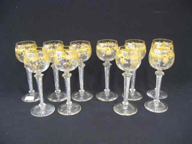 Appraisal: Set Cut Etched Glass Wines hollow air twist stems gold