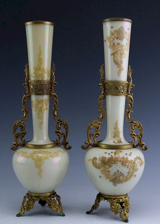 Appraisal: Mounted Pair Antique Egg Shell Bristol Glass Vases Antique pair