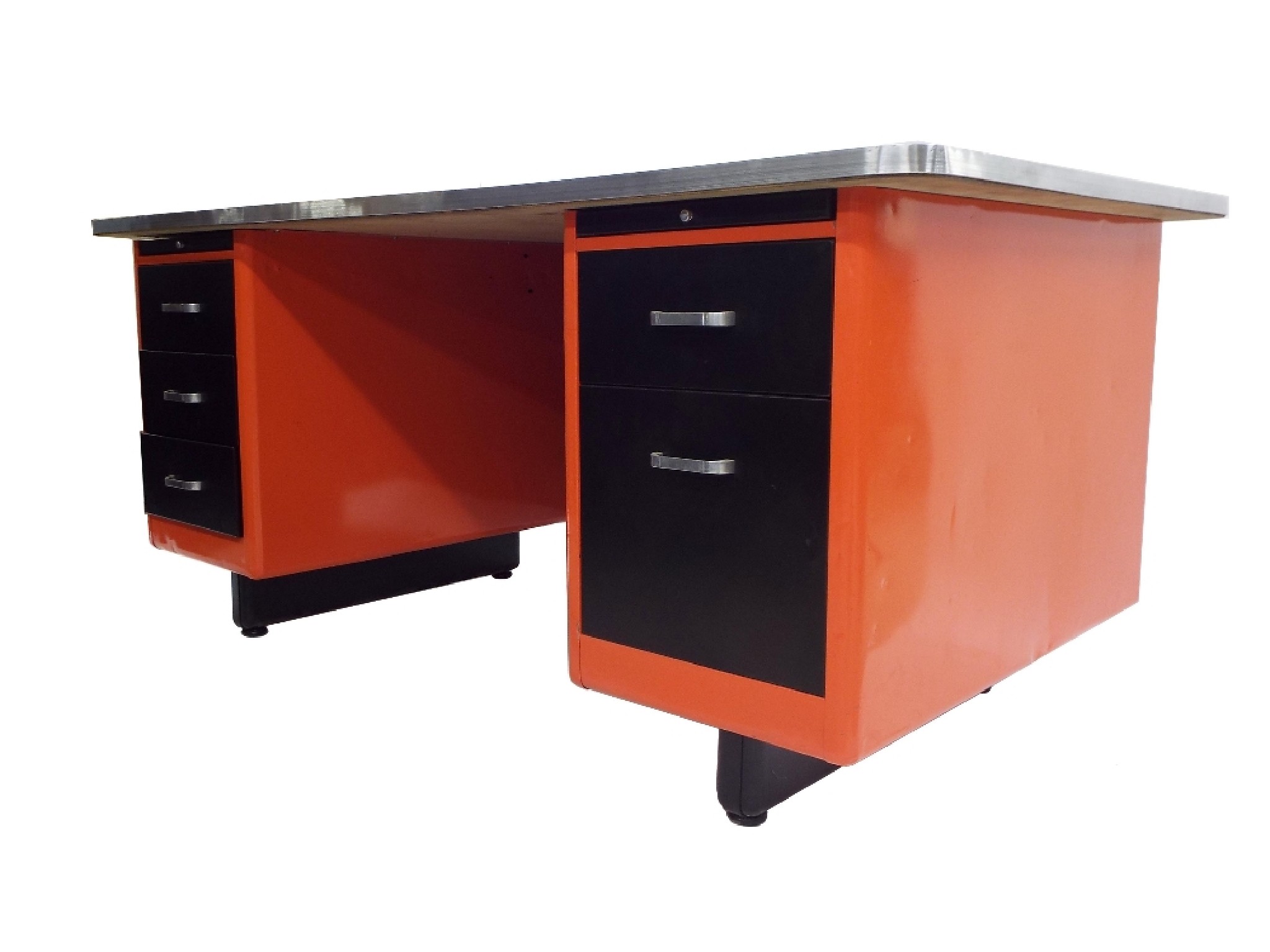 Appraisal: Vintage industrial - refurbished twin pedestal tanker desk in red