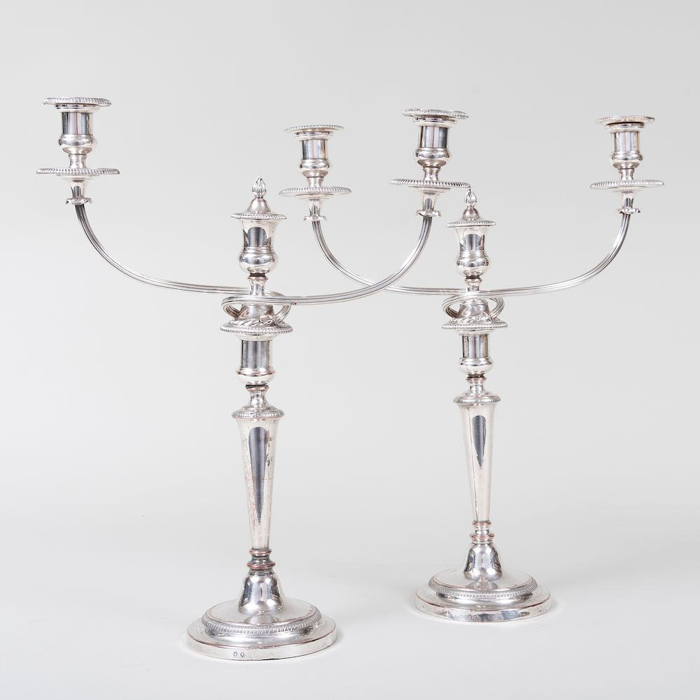 Appraisal: Pair of Silver Plate Three Light Candelabra in high Property