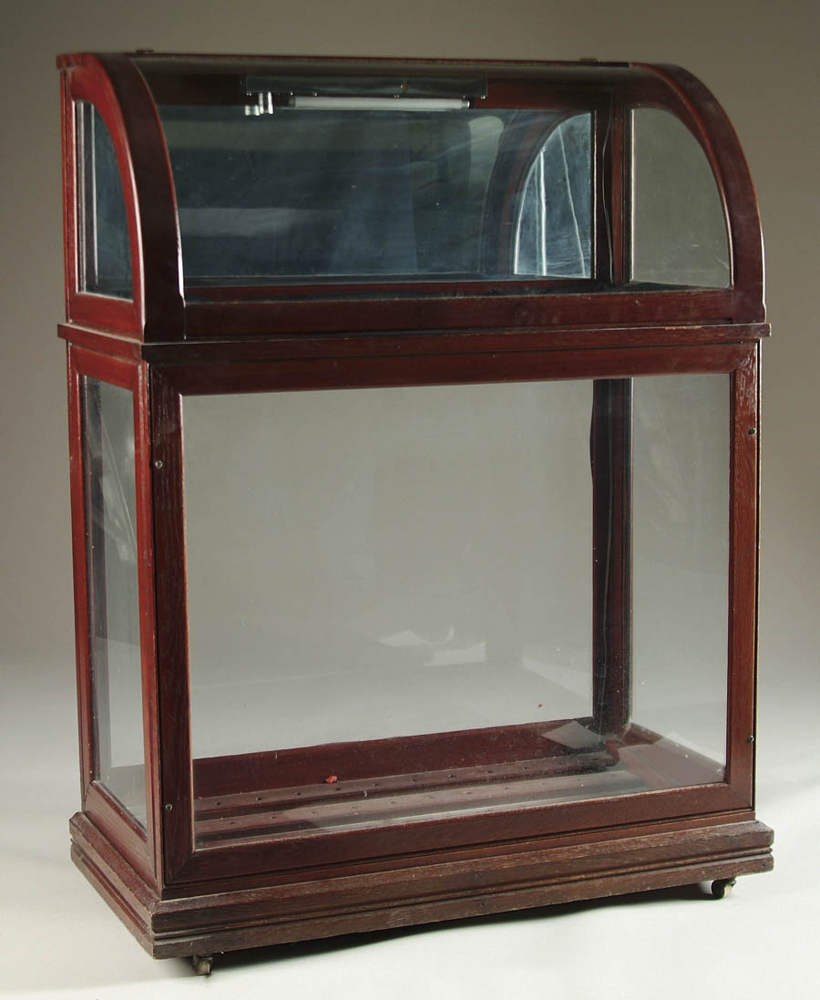 Appraisal: FINE OAK AND GLASS LIFT TOP CANE CASE Glass on