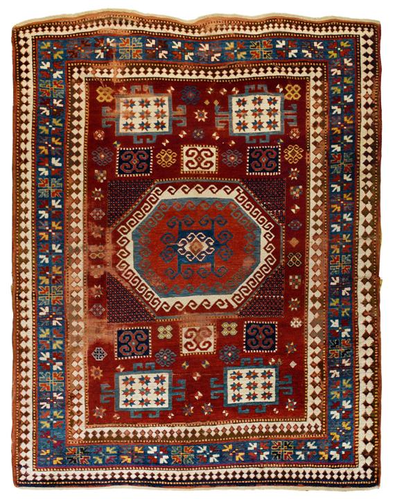 Appraisal: KARATCHOPH antique Red central field geometrically patterned in white blue